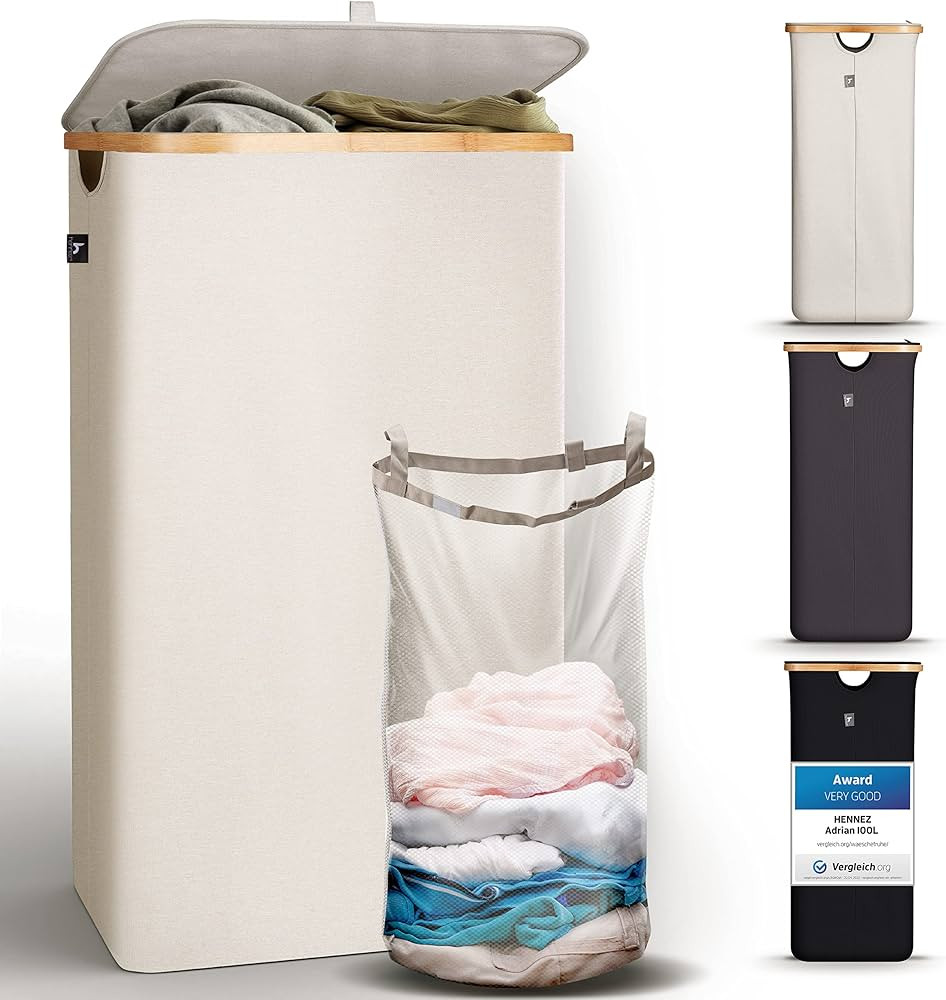 Hennez Laundry Basket With Lid - 100L Large Bamboo Laundry Hamper With Removable Bag - Laundry Bi... | Amazon (US)