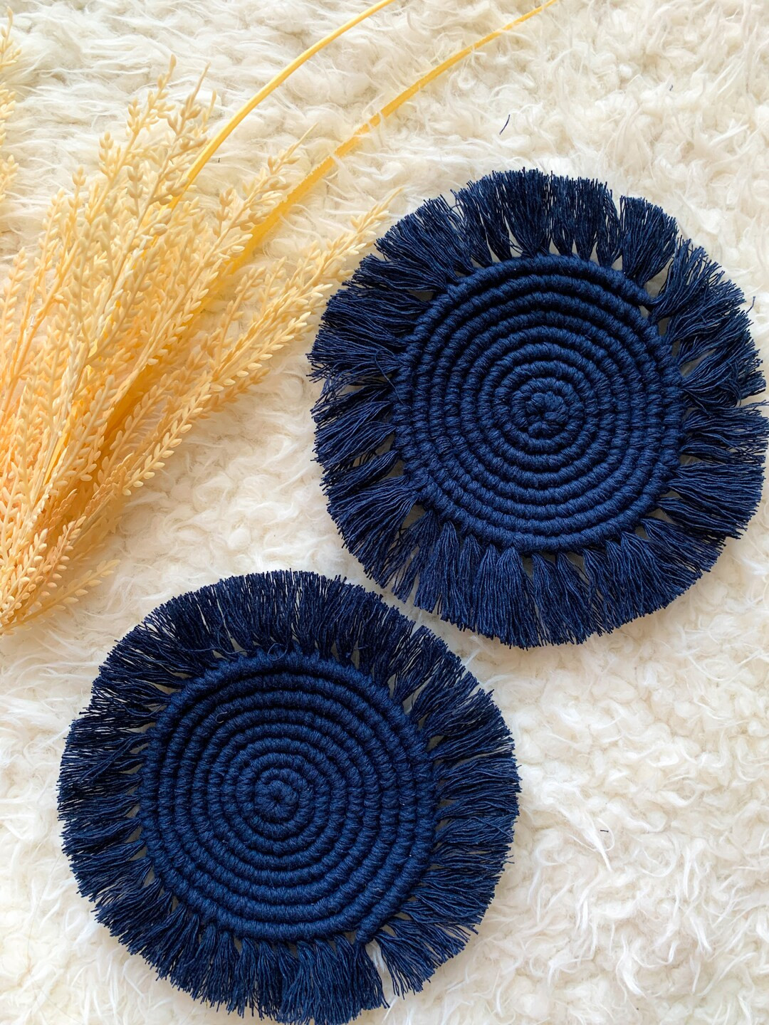 6 Inches Round, Pair Macrame Coaster, Set of 2, Coastal Decor, Navy Blue Fabric, Modern Home Acce... | Etsy (US)