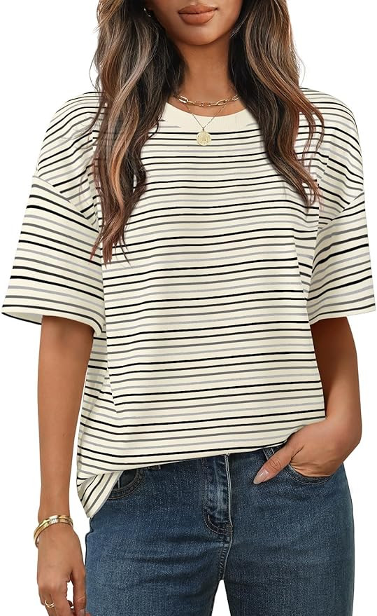 MEROKEETY Women's 2026 Summer Short Sleeve Tops Casual Colourful Striped Crewneck Loose Work T Sh... | Amazon (US)
