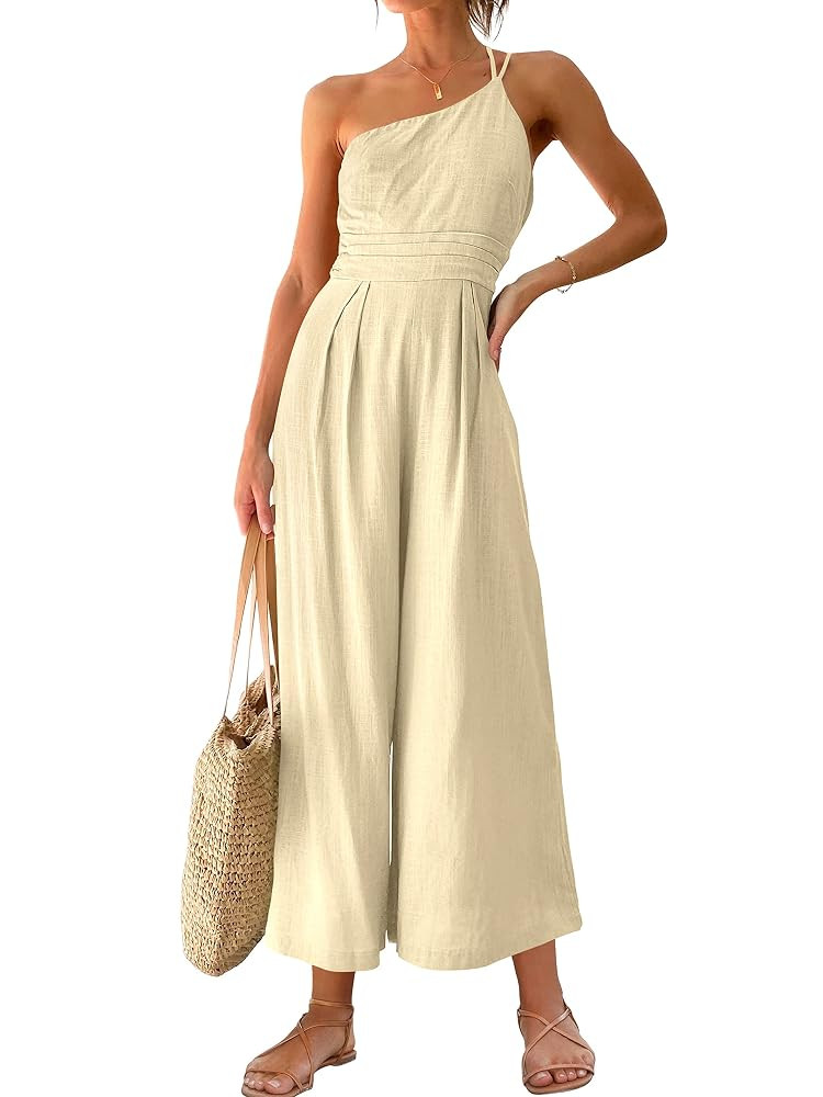 ANRABESS Women's Summer Straps One Shoulder High Waist Dressy Casual Wide Leg Linen Jumpsuit Romp... | Amazon (US)