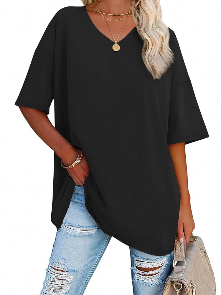 ATHMILE Womens Summer Oversized Shirts V Neck Plus Size Spring Workout Tops Beach Vacation 2025 G... | Amazon (US)