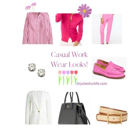 Perfect casual wear for work looks from J Crew Factory. White linen blazer (8), pink pants (8), cardigan (L), loafers (8), striped shirt (M).

#ltkunder50 #ltkover50
#ltkover40
#ltkspringlooks
#ltkspringoutfits
#ltkitbag
#ltkshoecrush

#LTKVideo #LTKshoecrush #LTKsalealert