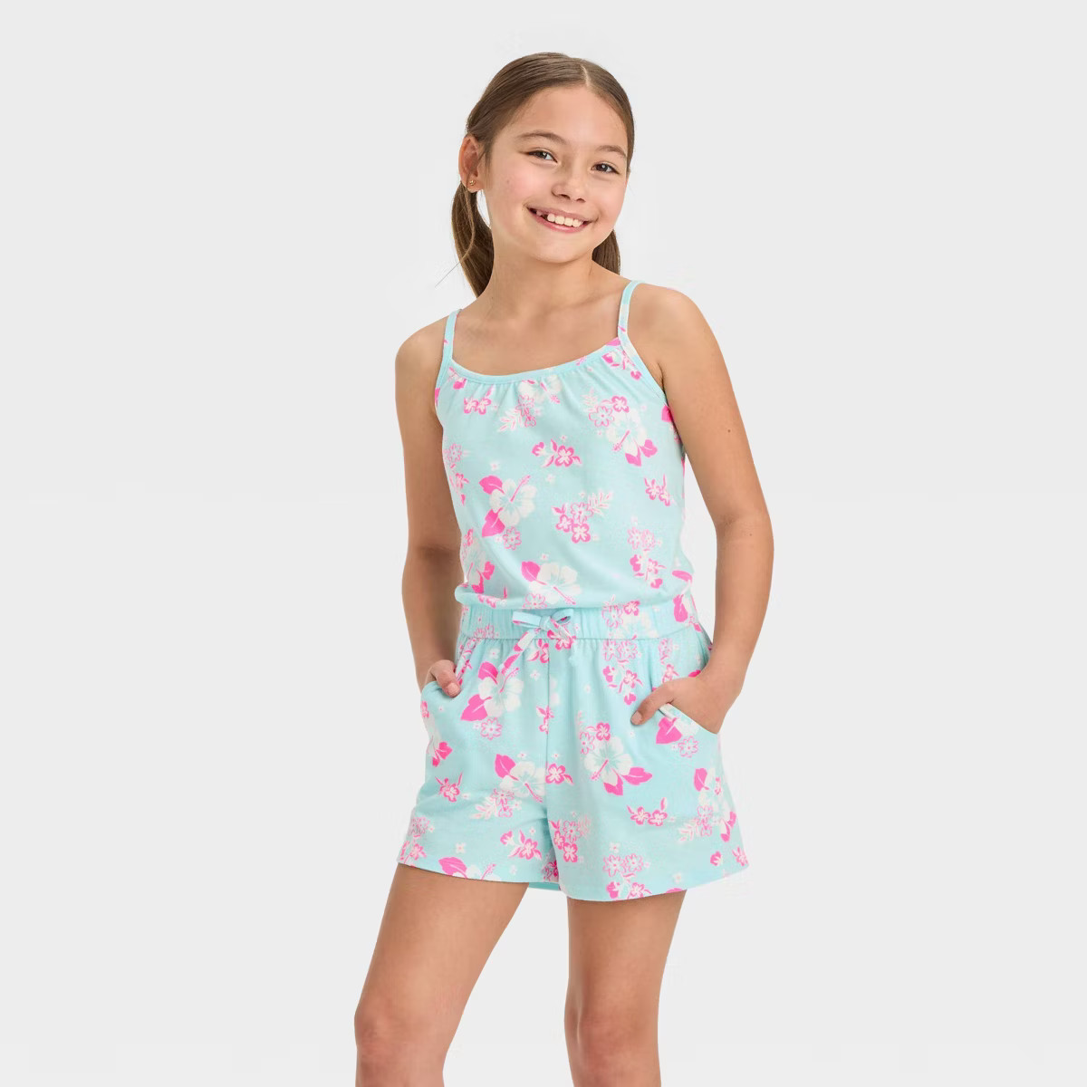 Girls' Sleeveless Floral Knit Romper - Cat & Jack™ Light Turquoise Blue L | Target