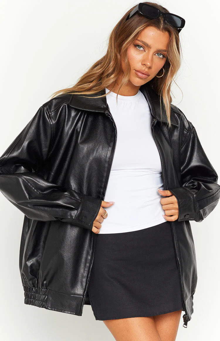 Abbi PU Black Bomber Jacket | Beginning Boutique (US)