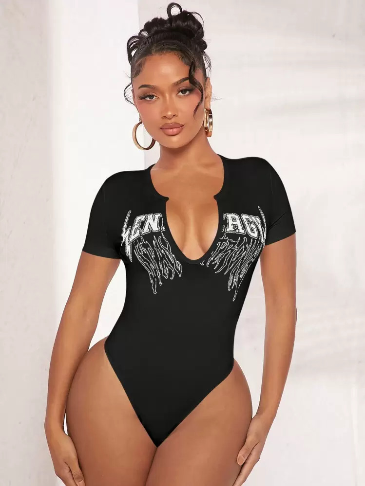 SHEIN SXY Letter Graphic Notched Neckline Bodysuit | SHEIN