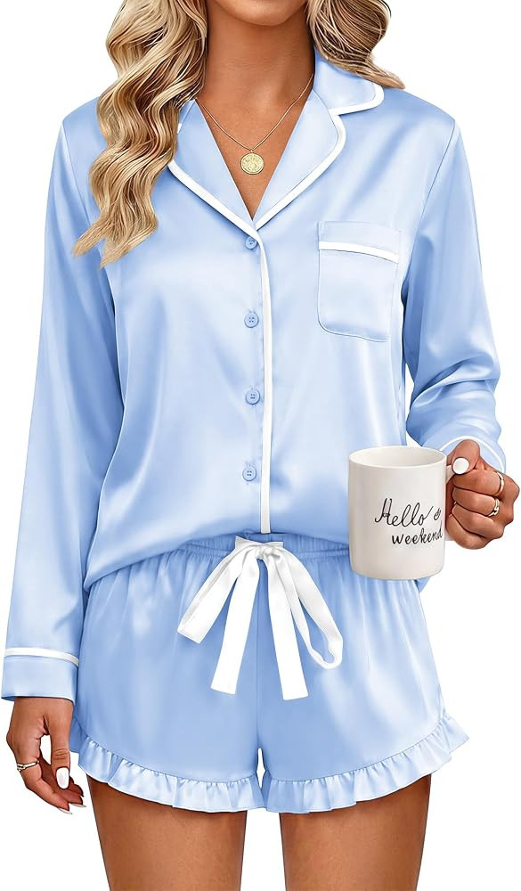 Ekouaer Womens Satin Pajamas Set 2 Piece Long Sleeve and Ruffle Shorts | Amazon (US)