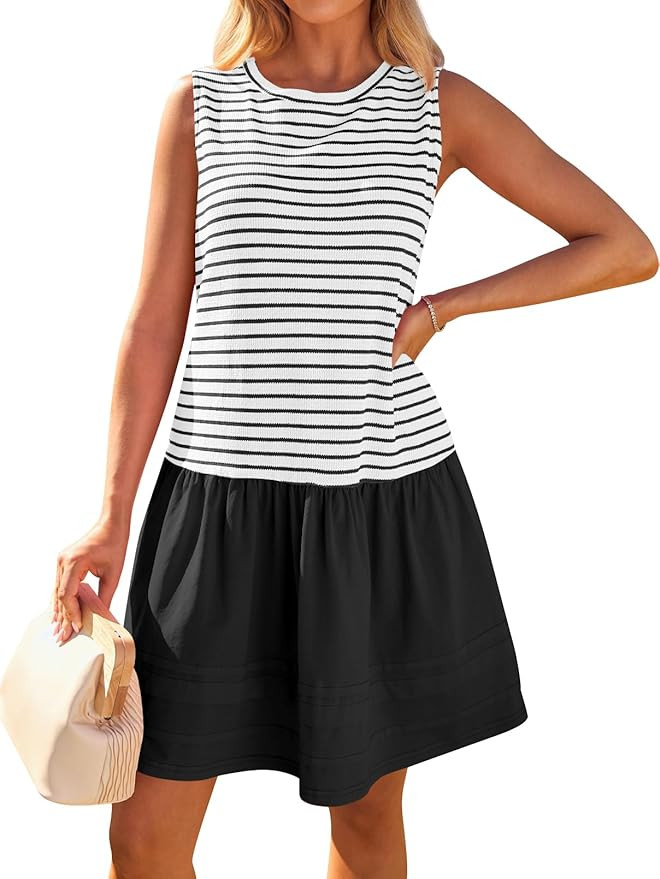 MEROKEETY Women's Summer Sleeveless Sundress Casual Striped Patchwork Mini Tank Dress with Pocket... | Amazon (US)