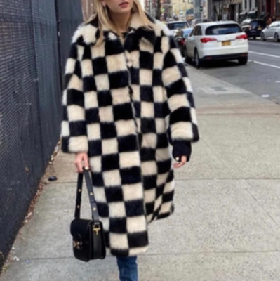 Fur Coat Black And White Checkerboard Plaid Faux Fur Coat jackets parka outwear | eBay US