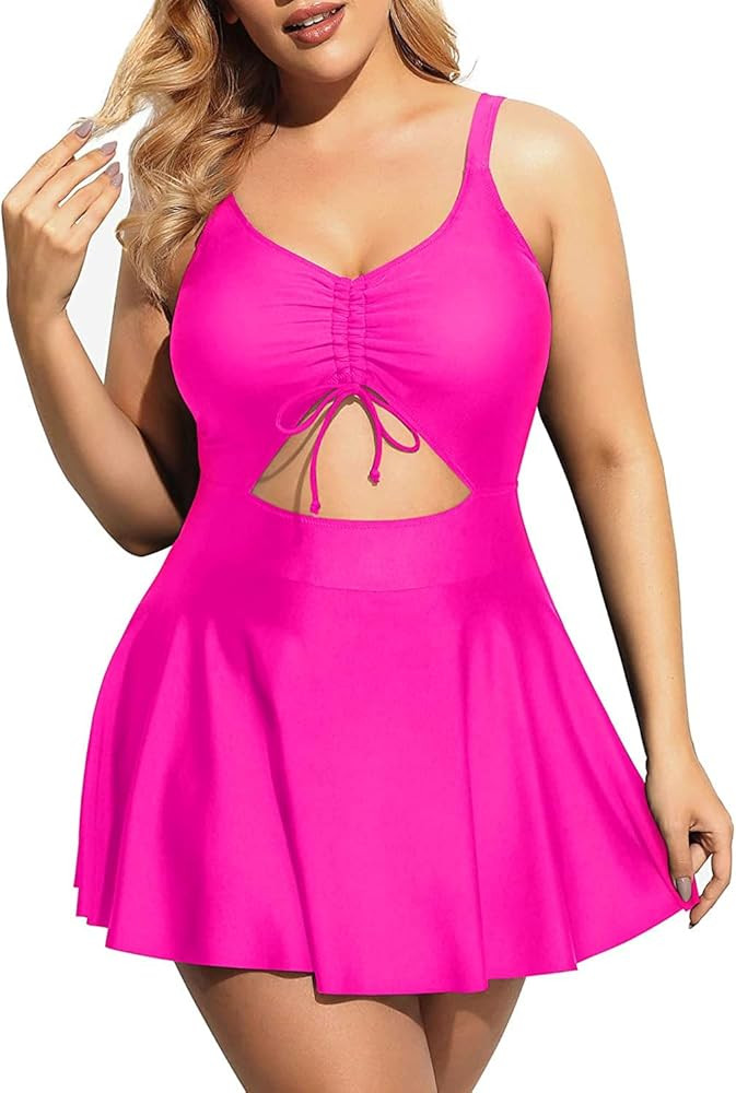 Yonique Women Plus Size One Piece Swimsuits with Skirt V Neck Floral Printed Swimdress Cutout Bat... | Amazon (US)