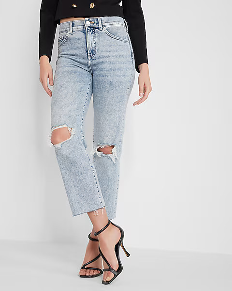 High Waisted Light Wash Ripped Straight Ankle Jeans | Express