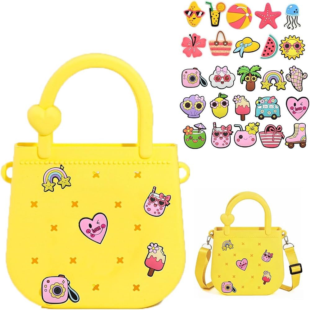 Mini Silicone Tote Bag, Rubber Beach Tote with Adjustable Strap and 25pcs Cute Decorations for Li... | Amazon (US)