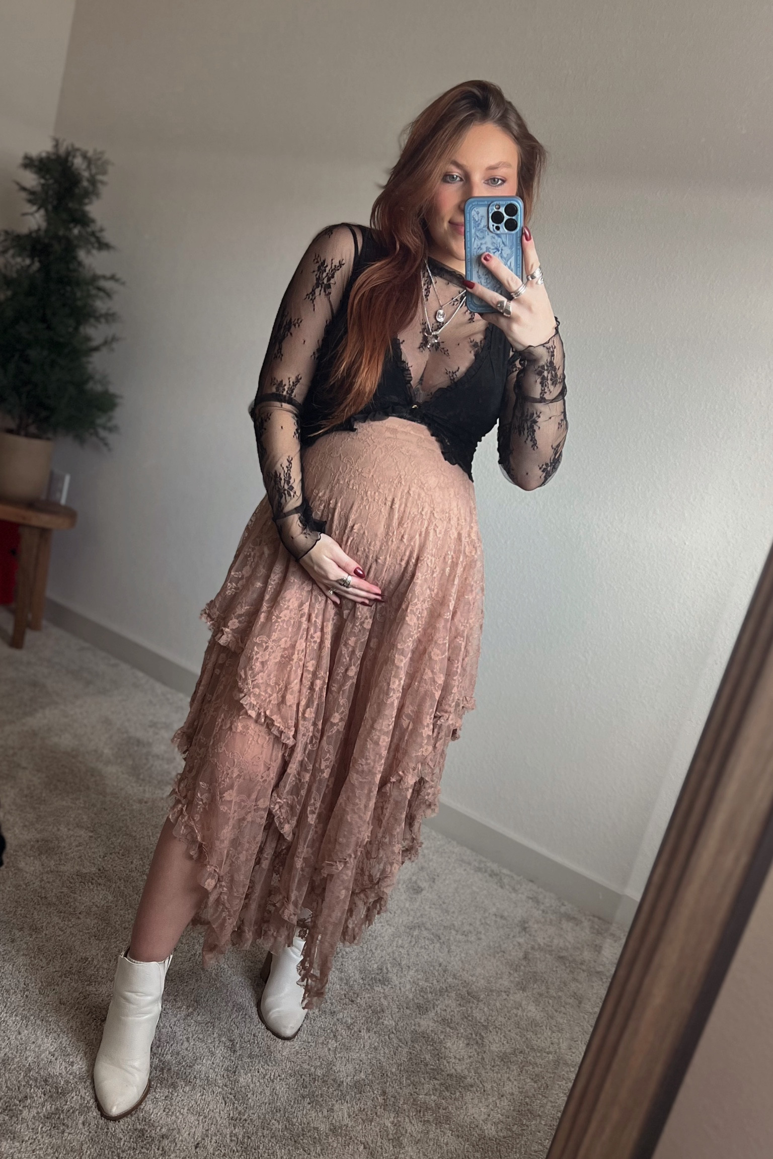 Maternity Ootd - Lace Top - Long sleeve under shirt outfit - Lace Maxi Skirt - Lace Long Sleeve Top - Black Vest Crop Top - White Western Booties - Western Jewelry - Maternity Outfit

#LTKshoecrush #LTKstyletip #LTKbump