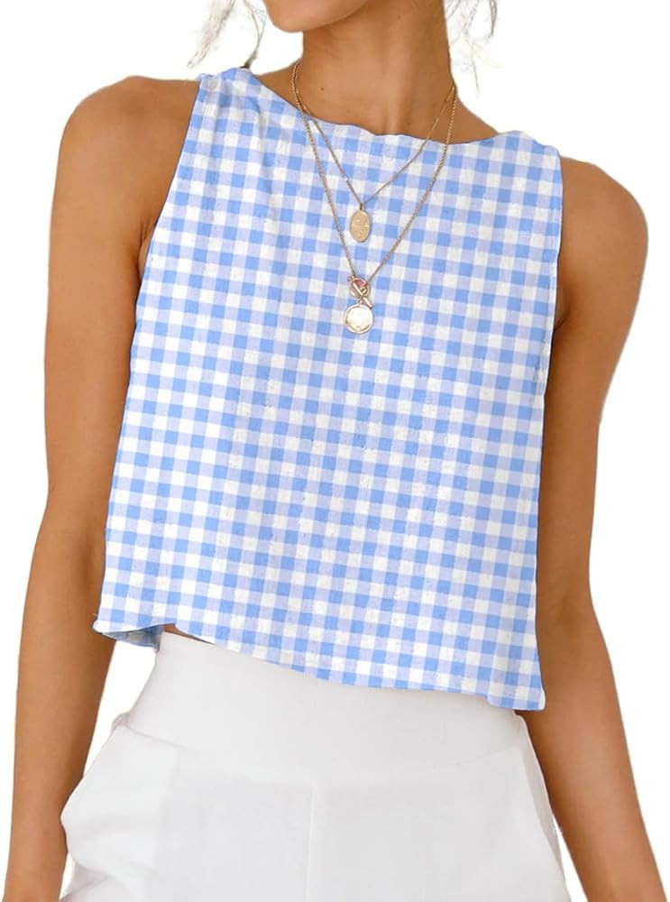 IDEALSANXUN Womens Gingham Tank Tops Spring Summer Casual Crop Cotton Sleeveless Shirts Blouses | Amazon (US)