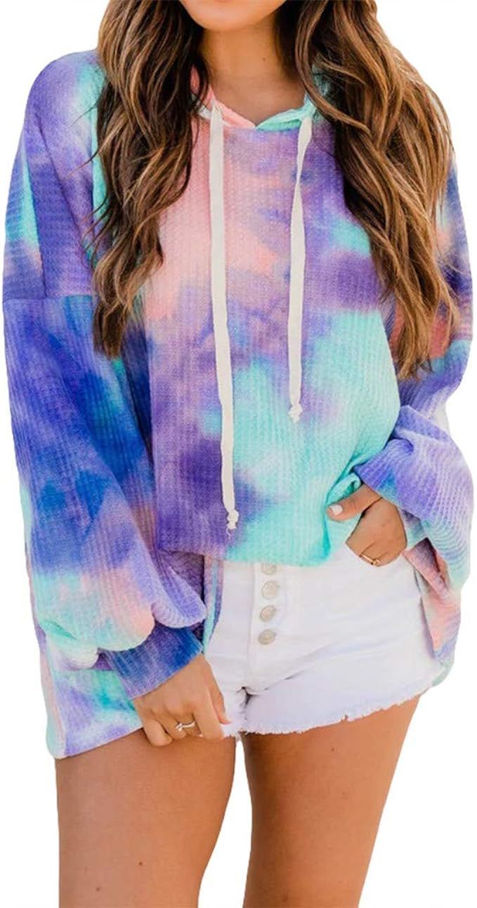 REVETRO Women Tie Dye Sweatshirt Casual Long Sleeve Drawstring Pullover Hoodie Tops with Pocket | Amazon (US)