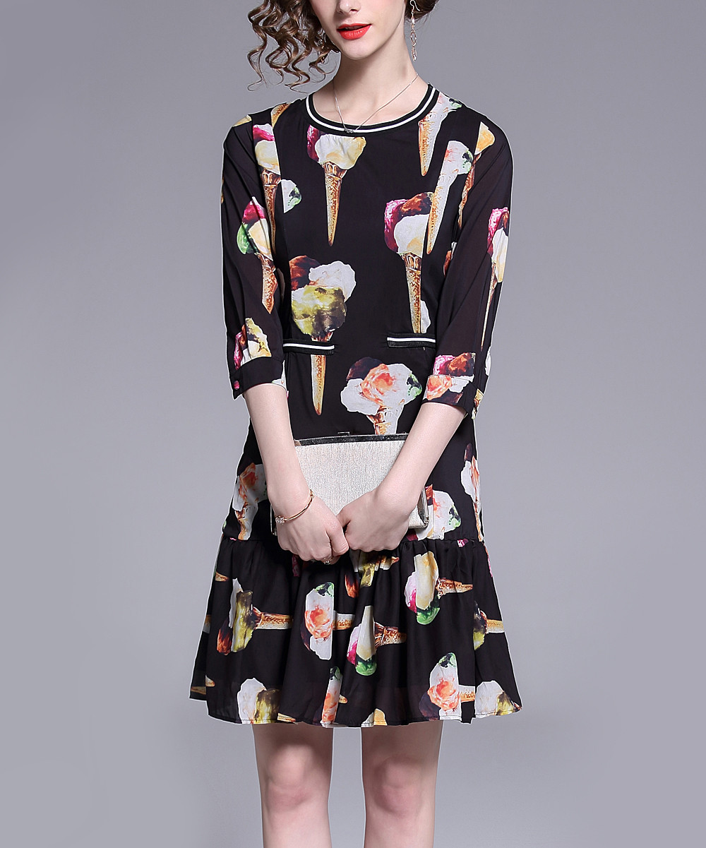 Nsha Women's Casual Dresses Picture - Black Ice Cream Skater Dress - Women | Zulily