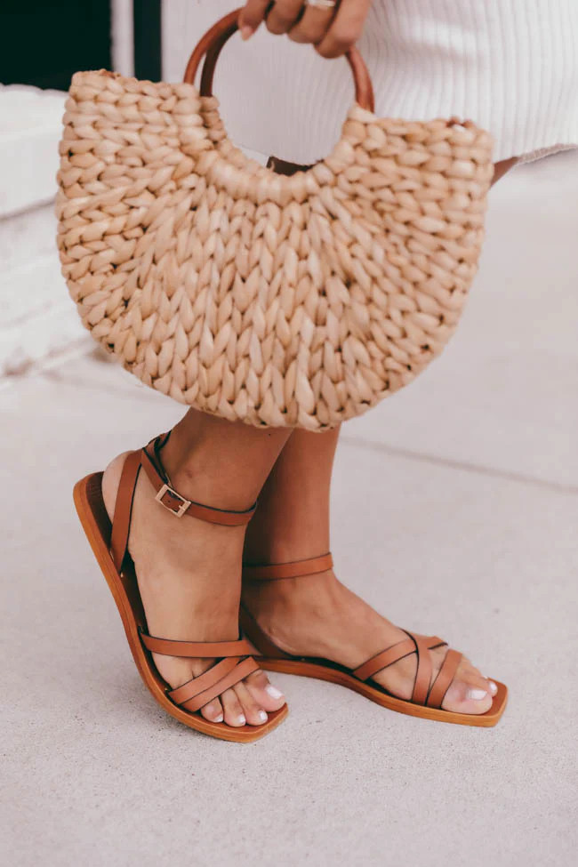 Angie Ankle Buckle Leather Cognac Sandals | The Pink Lily Boutique