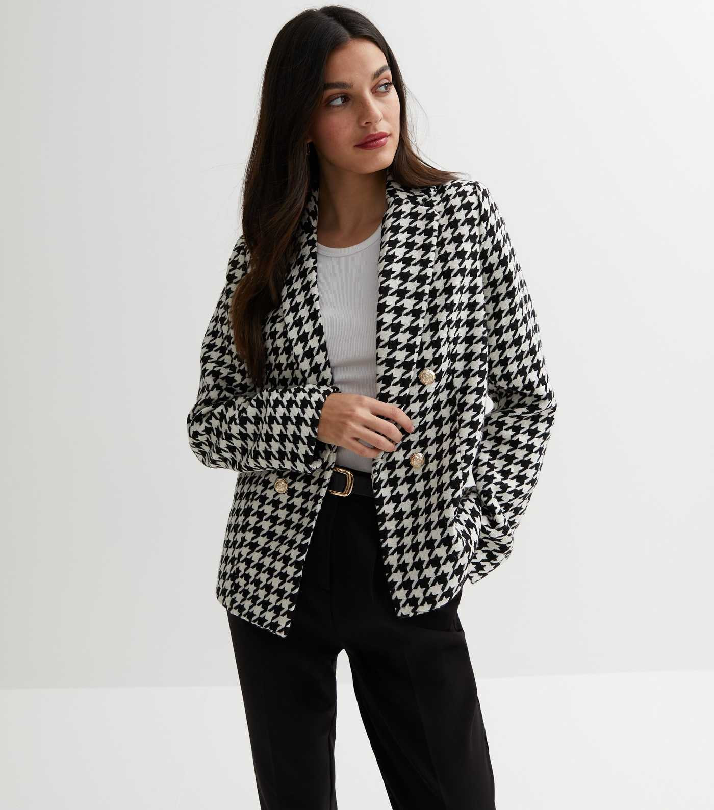 Black Dogtooth Bouclé Button Front Blazer
						
						Add to Saved Items
						Remove from Save... | New Look (UK)
