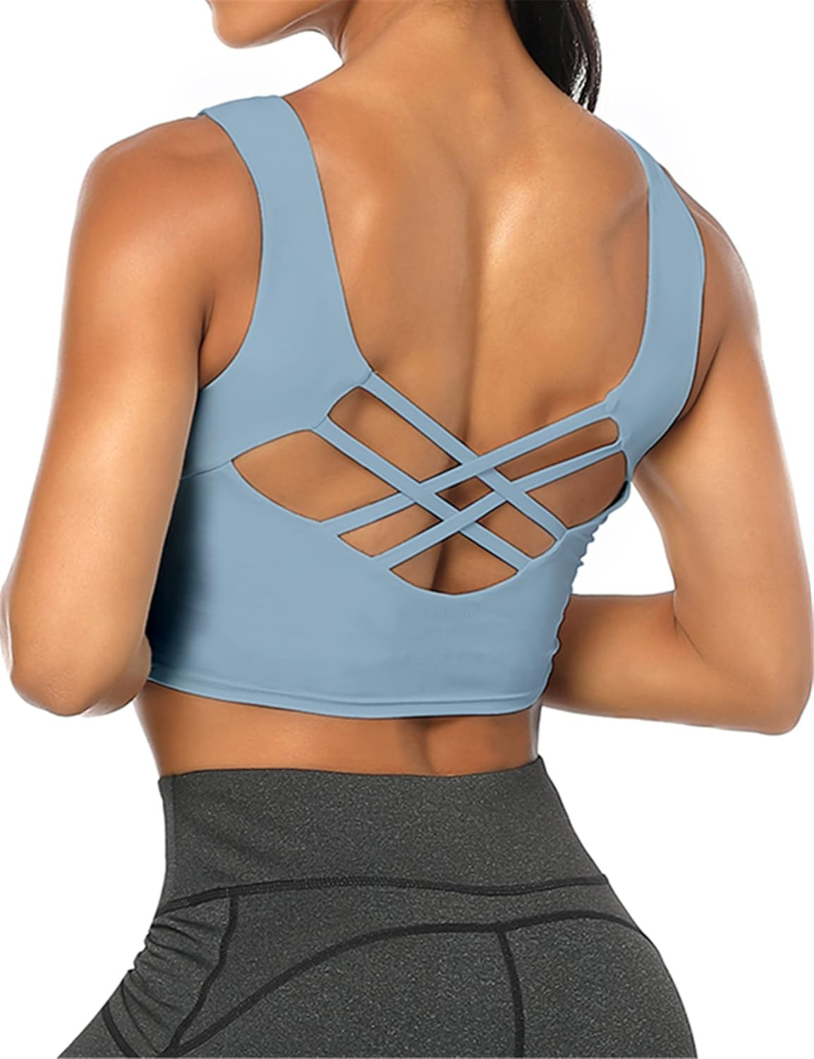 Longline Sports Bras for Women High Support Medium Impact Padded Criss Cross Back Crop Tank Top with | Amazon (US)