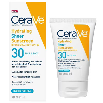 CeraVe Hydrating Sheer Sunscreen Lotion for Face and Body - SPF 30 - 3 fl oz | Target