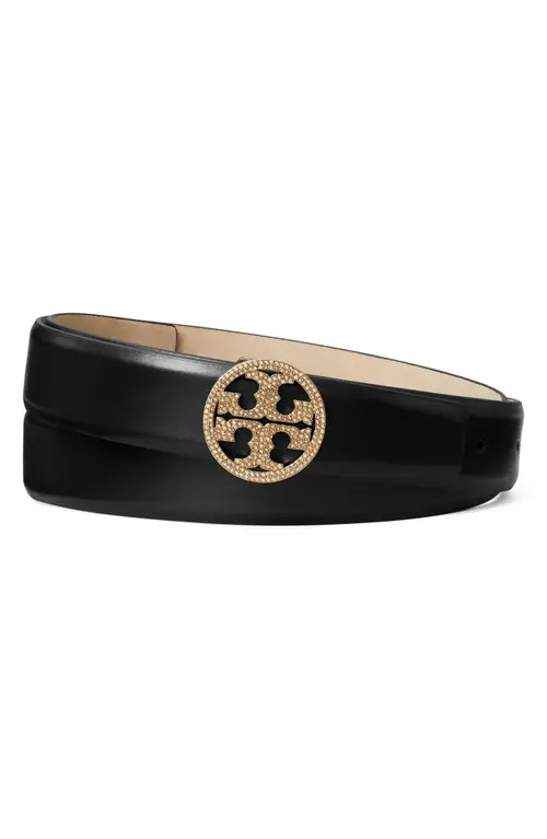 Tory Burch Miller Pavé Logo Leather Belt in Black at Nordstrom, Size Large | Nordstrom
