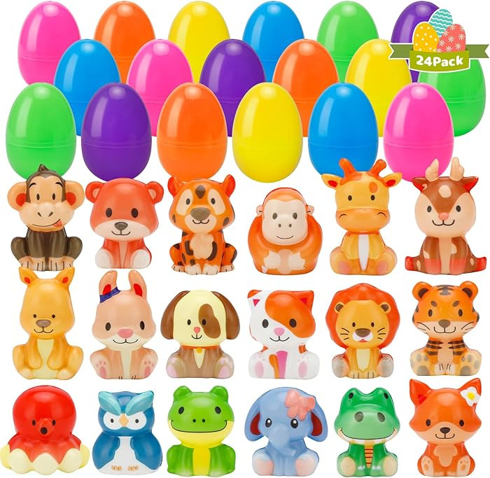 24 Pack Easter Eggs with Cute Animal Squishy Toys, Colorful Fillable Plastic Eggs for Easter Egg ... | Amazon (US)