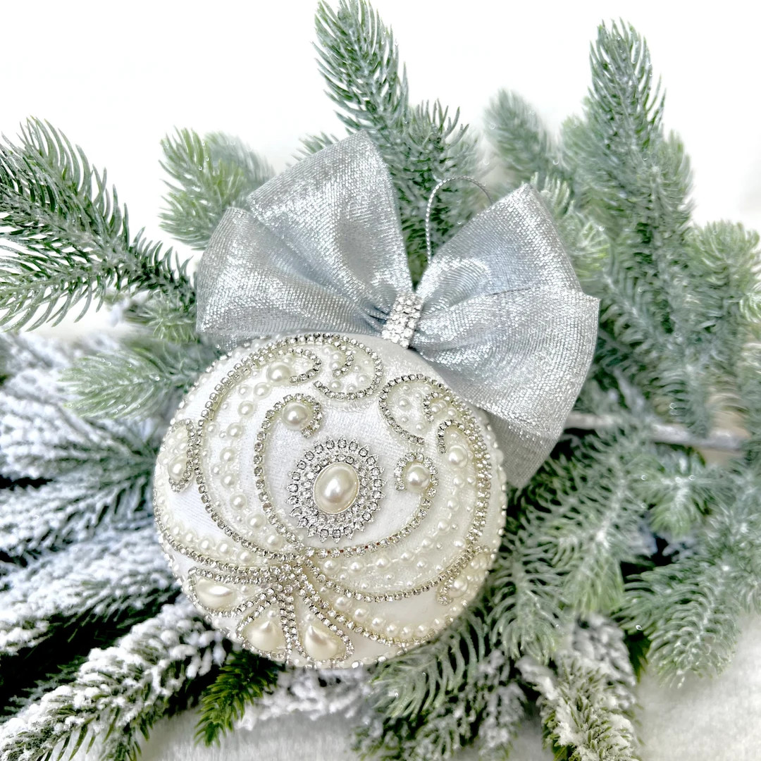 Large 4 Inch White Rhinestone Pearl Velvet Ornamentvelvet - Etsy | Etsy (US)