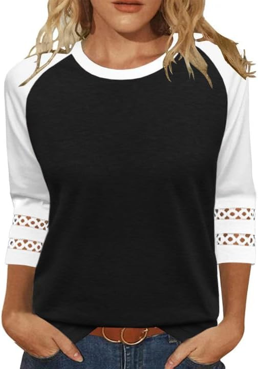 Heymiss Womens Tops 3/4 Length Sleeve Shirts Round Neck Loose Casual Tunic Tops Color Block Summe... | Amazon (US)