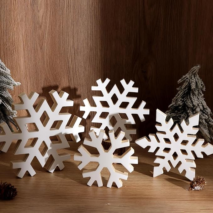 Treory Christmas Table Wooden Sign, 4 Pcs Snowflake Christmas Rustic Farmhouse Table Decoration,M... | Amazon (US)