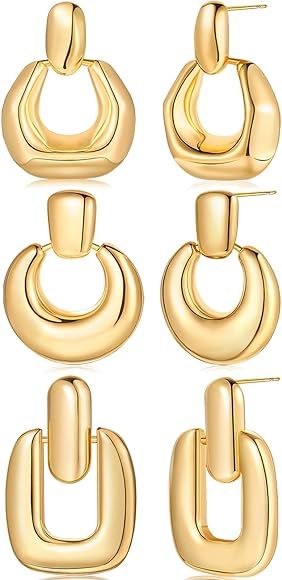 3 Pairs Gold Hoop Dangle Earrings for Women Girls 14K Plated Chunky Statement Geometric Earrings ... | Amazon (US)