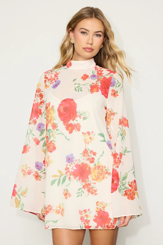 Perfected Charm Ivory Multi Floral Bell Sleeve Mini Shift Dress | Lulus