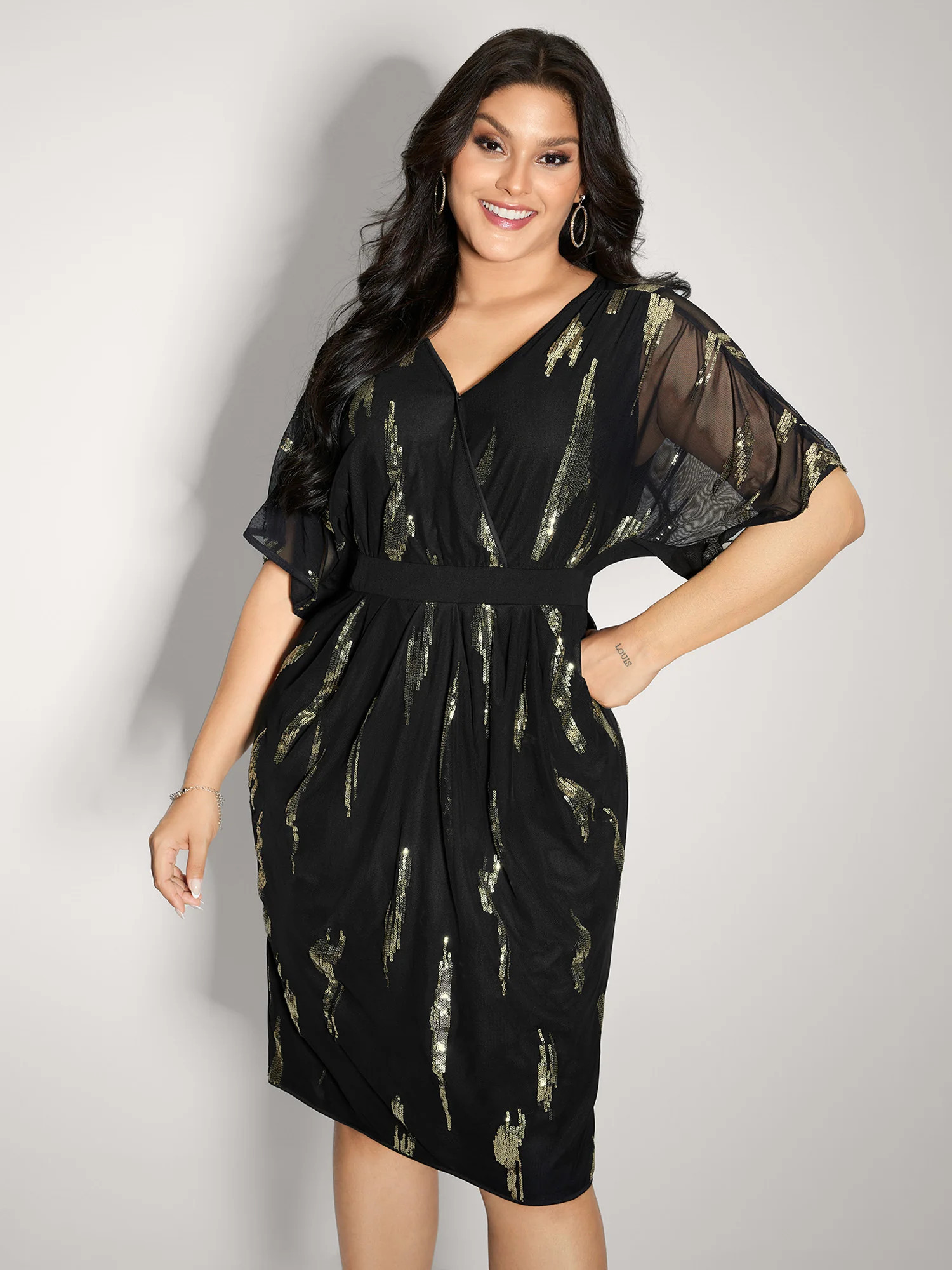 Sequin Embroidery Pleated Waist Midi Dress | Bloomchic