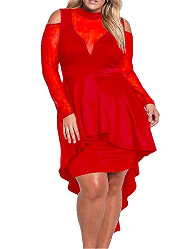 Lrady Women's Sexy Sheer Mesh Evening Gowns Plus Size High-Low Peplum Bodycon Party Mini Dress, Red, Large | Amazon (US)