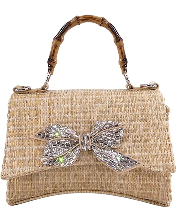Women's Rhinestone Satchel Handbags Bamboo Top Handle Woven Bowknots Evening Party Crossbody Bag ... | Amazon (US)