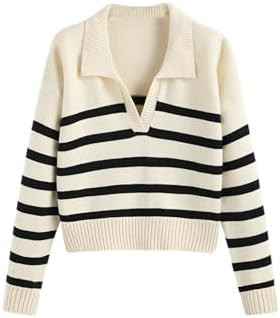 CIDER Women’s Polo Sweater Striped Collared Lightweight Long Sleeve V Neck Pullover Fall Sweate... | Amazon (US)