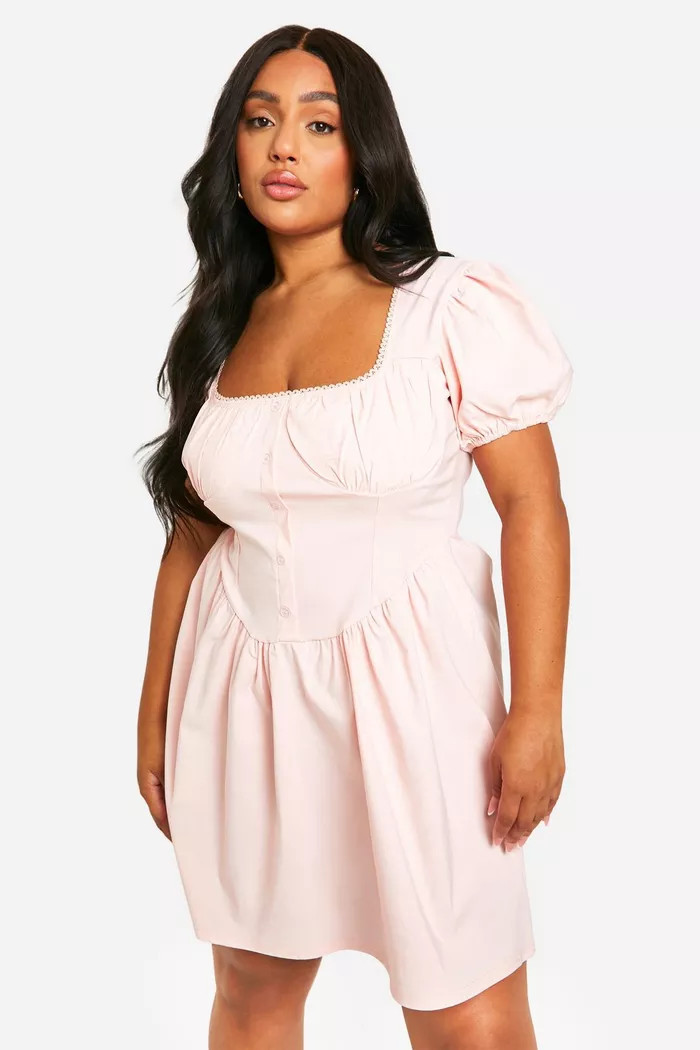 Plus Bengaline Puff Sleeve Milkmaid Skater Dress | Boohoo.com (UK & IE)