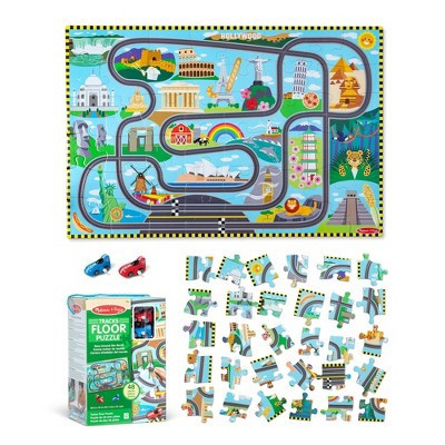 Melissa & Doug Race Around the World Tracks Cardboard Jigsaw Floor Puzzle and Wind-Up Vehicles – 48pc | Target