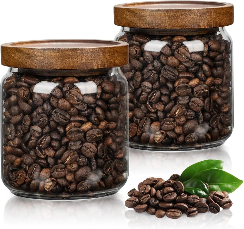 2PCS Small Glass Storage Jars with Airtight Lids, 17 fl oz (500ml) coffee container with Wooden L... | Amazon (US)