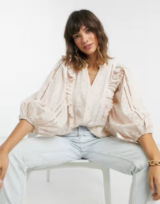 Y.A.S broderie blouse with ruffle detail and volume sleeves in pale pink | ASOS (Global)