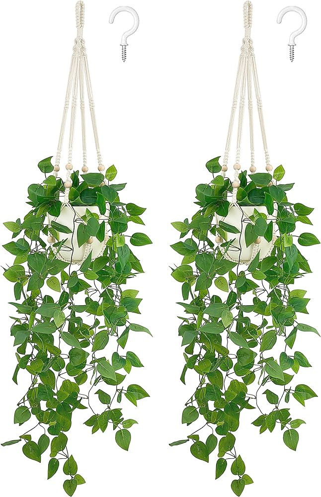 Mkono 2 Packs Artificial Hanging Plants for Home Decor - Macrame Plant Hanger with Faux Vine and ... | Amazon (US)