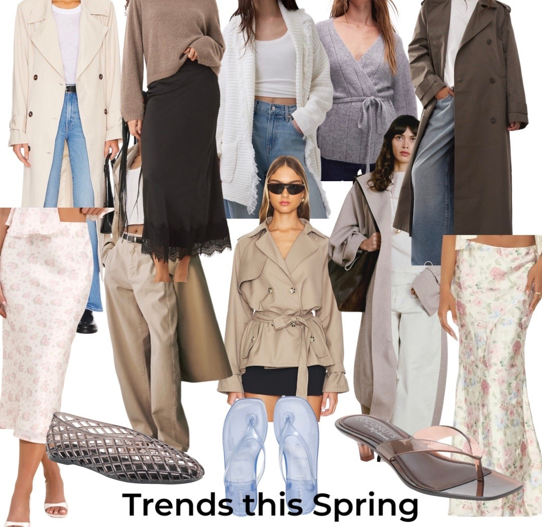 Trends for spring 2026 
Floral and lace trimmed skirts 
Trenches! Cropped belted trench, olive long trench
Belted sweaters/cardigans 
Jelly sandals! Thong style, kitten heel and ballet flat 
Loose khakis 

#LTKSeasonal #LTKootd #LTKWorkwear