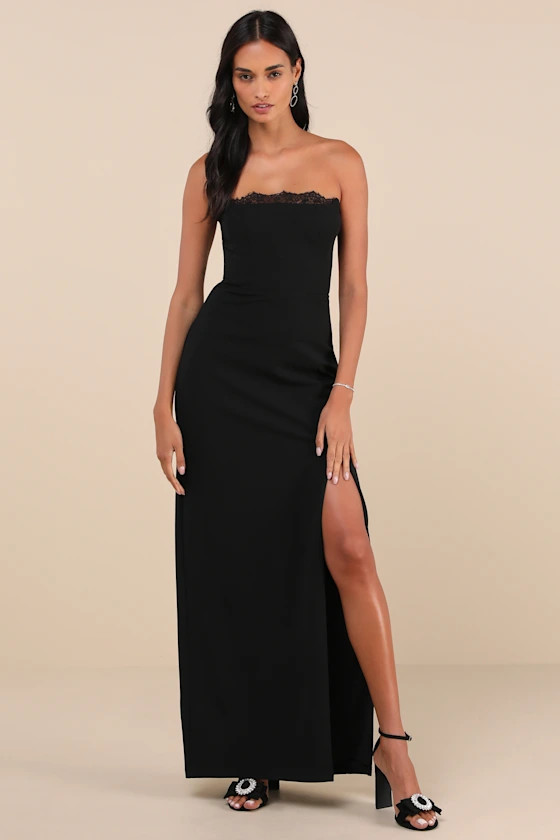 Memorably Iconic Black Strapless Lace Bustier Maxi Dress | Lulus