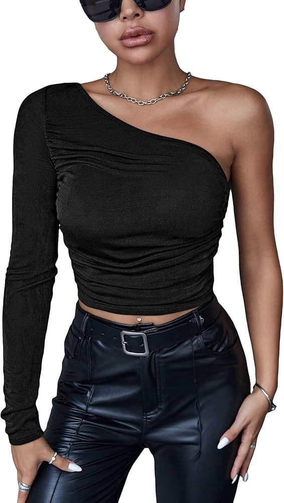 Floerns Women's Causal One Shoulder Long Sleeve Rib Knit T-Shirts Tee Tops | Amazon (US)