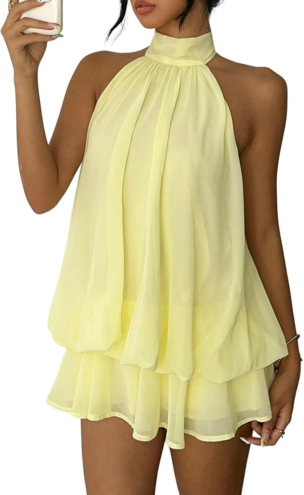 Famnbro Women Chiffon Dress Sleeveless Halter Neck Backless Ruffle Flowy Mini Sexy Summer Party W... | Amazon (US)