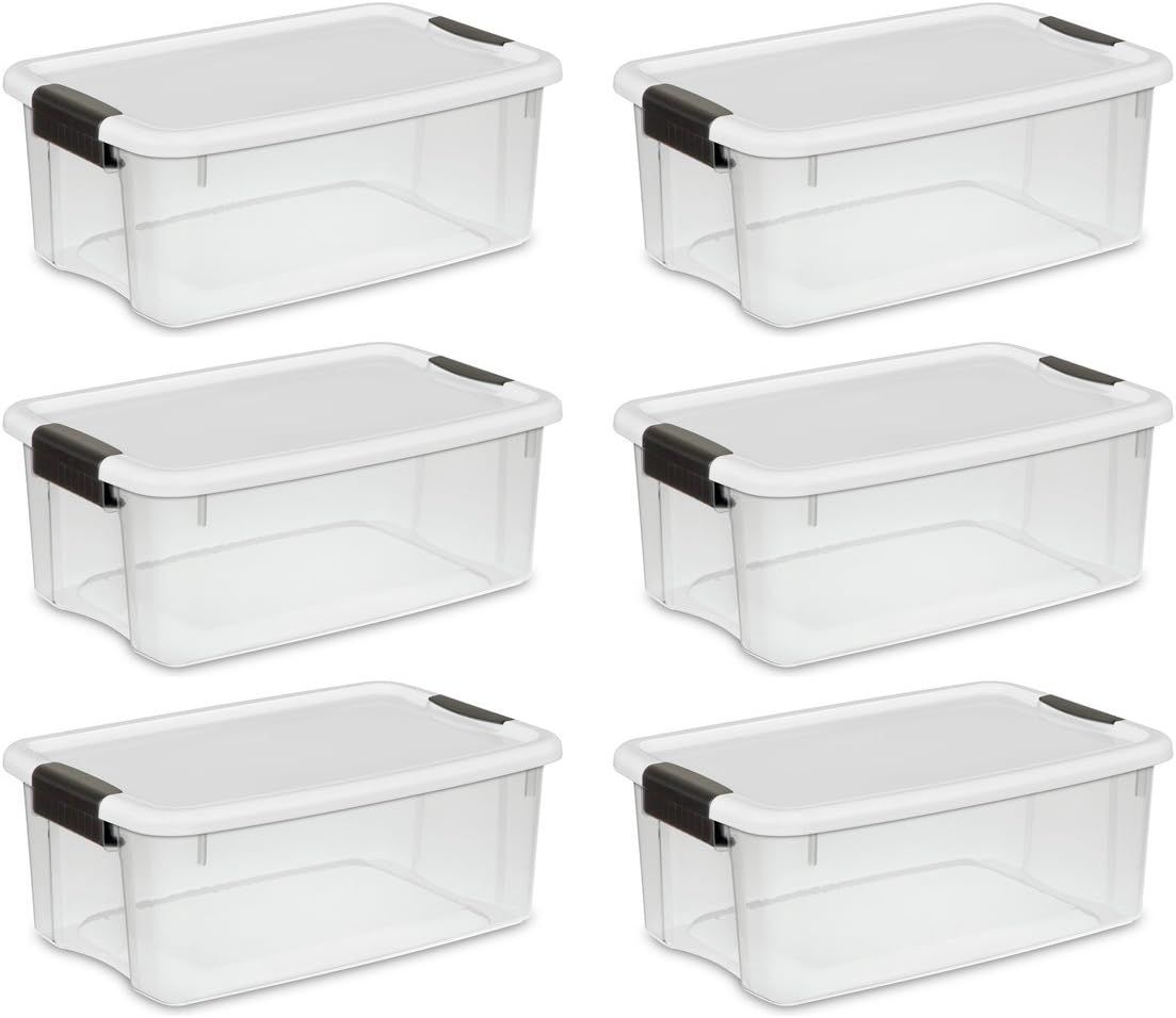 Sterilite 19849806 18 Quart/17 Liter Ultra Latch Box, Clear with a White Lid and Black Latches, 6... | Amazon (US)