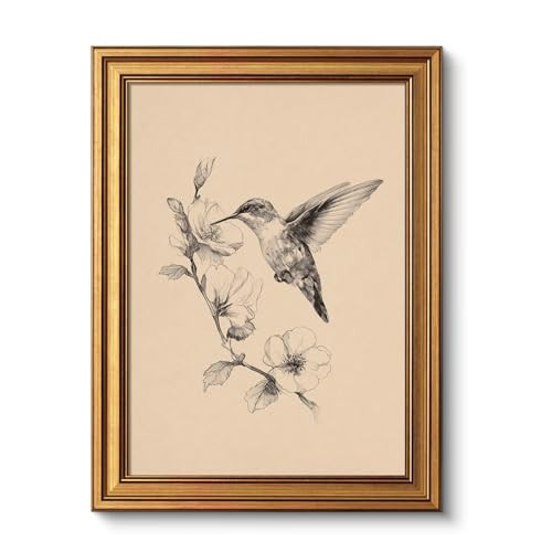 VIYYIEA Gold Framed Canvas Wall Art, Hummingbird Flower Canvas Prints Home Decor, Sketch Painting Picture, Living Room, Bedroom Decor Gifts for Friends or Family, 12x16inch | Amazon (US)