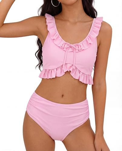 Weixinbuy Girls Swimsuits 2 Piece Bikini Set Teen Ruched Ruffle U-Neck Bathing Suits for 9-16Y Tw... | Amazon (US)