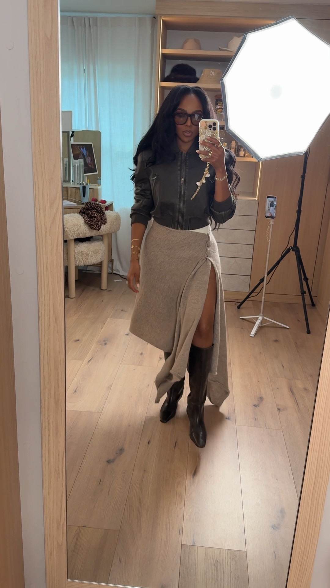 A little edgy, a little effortless — this mix of a fitted leather jacket and a soft knit slit skirt is the perfect balance of chic and cozy. Boots tie it all together for the ultimate fall-to-winter outfit moment.

Perfect for casual dinners, daytime outings, and elevated everyday style.

📏 Measurements: Height 5'4" · 138 lbs · 34D bust · 27" waist · 40" hips

Keywords: leather jacket outfit, knit maxi skirt look, knee-high boots styling, neutral chic outfit, fall winter fashion inspiration

Shop instantly on the app.

Follow me on Instagram and YouTube @kirasfashionfinds

#LTKootd #LTKgrwm