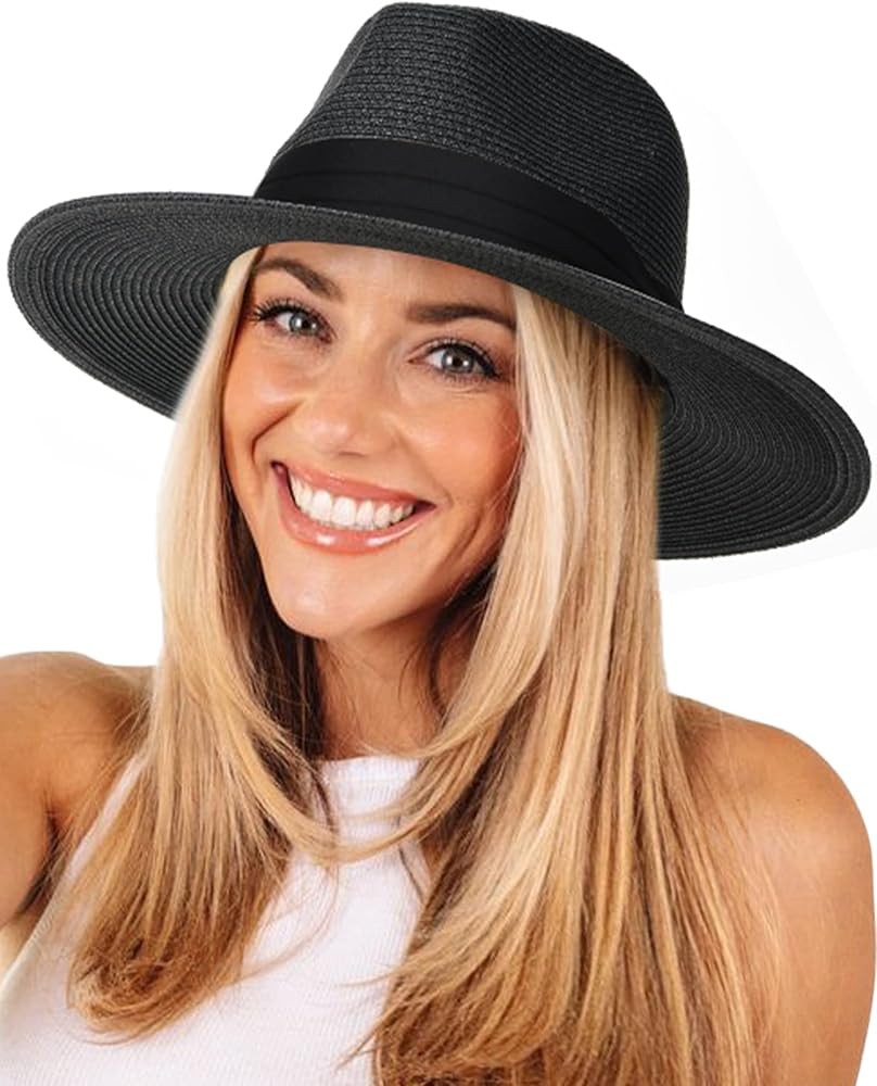 Womens Mens Wide Brim Straw Panama Hat Fedora Summer Beach Sun Hat UPF Straw Hat for Women | Amazon (US)
