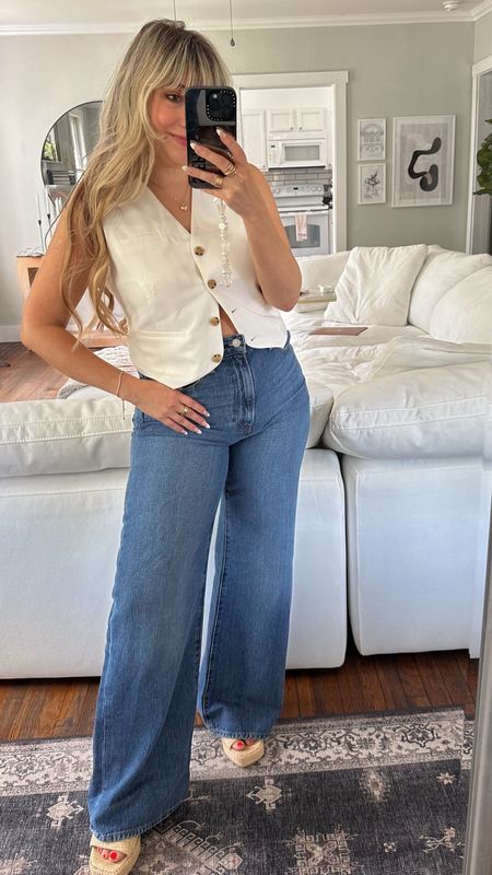 Outfit of the day - love this white vest paired with jeans for a casual spring outfit idea that’s still polished and chic! These wide leg jeans fit so nicely! This is a great amazon outfit!! 

#LTKstyletip #LTKfindsunder100