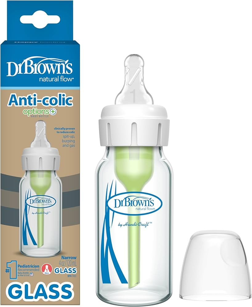Dr. Brown's Natural Flow Anti-Colic Options+ Narrow Glass Baby Bottle, 4 oz/120 mL, with Level 1 ... | Amazon (US)